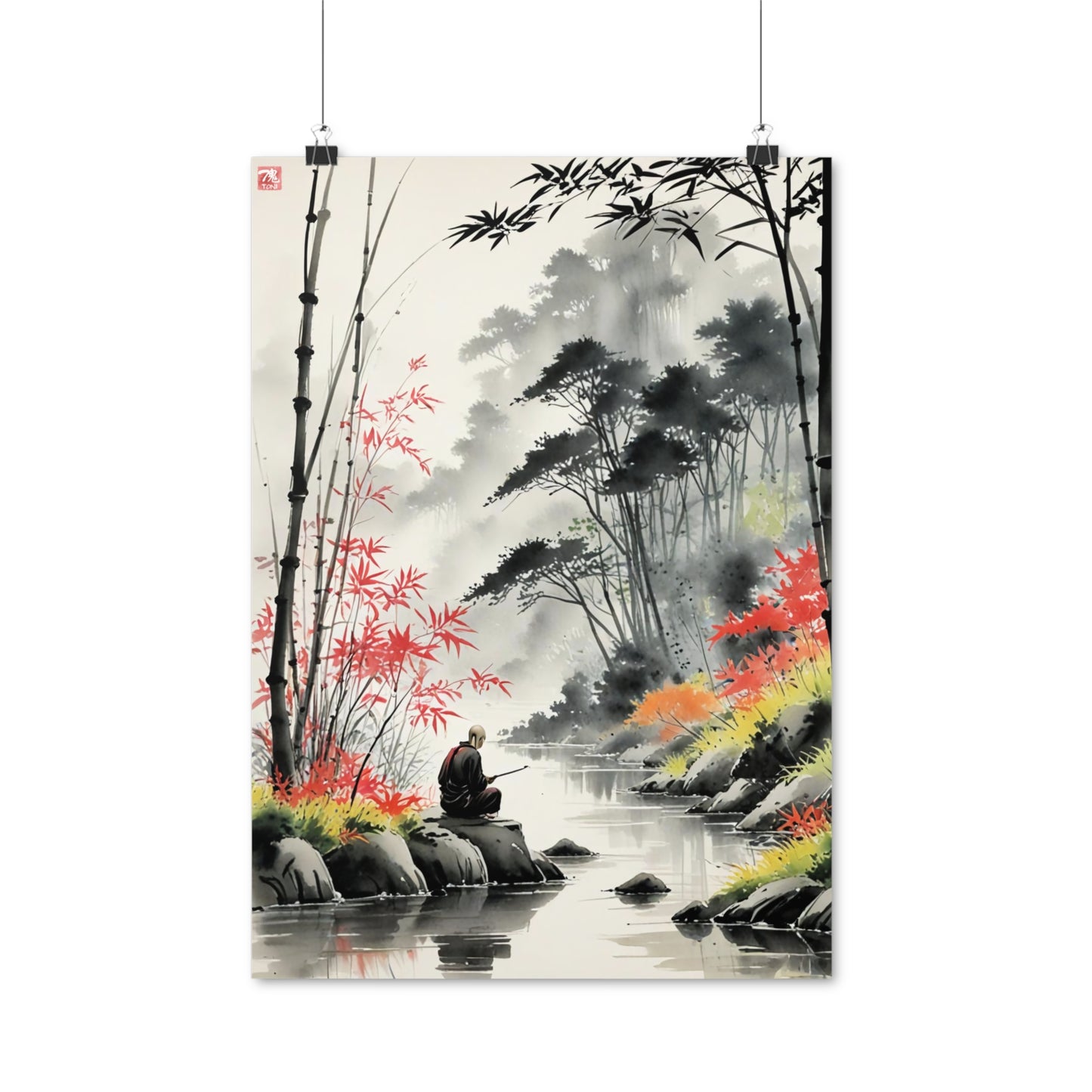 Sumi-e Art - Calm fishing spot • Traditional Japanese Art on high quality poster