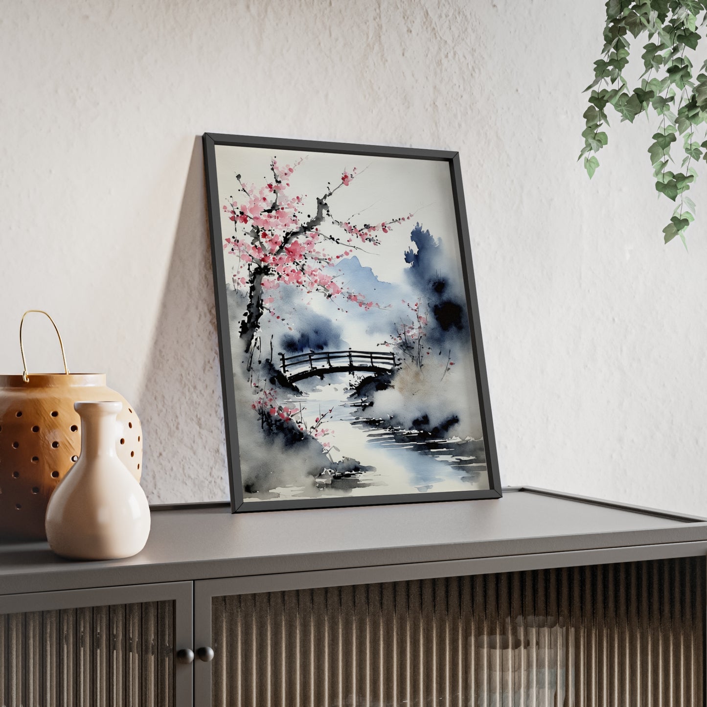 Sumi-e Art - The bridge • Traditional Japanese Art • Framed