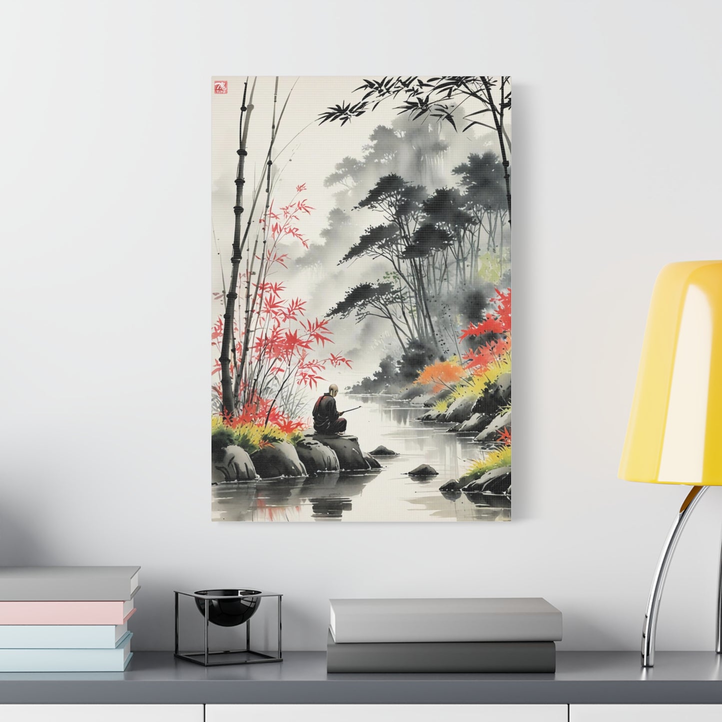 Sumi-e Art - Calm fishing spot • Traditional Japanese Art on high quality Canvas