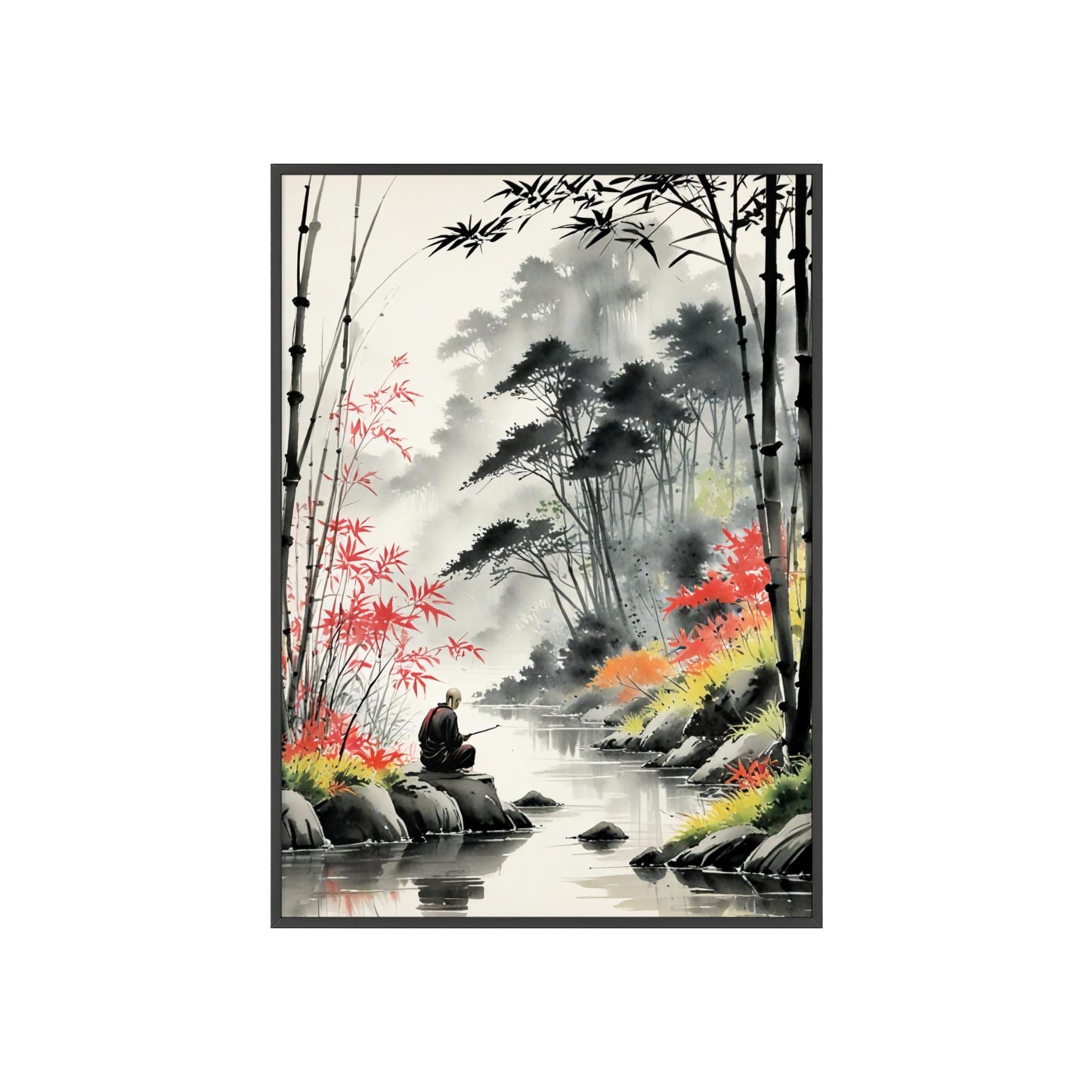 Sumi-e Art - Calm fishing spot • Traditional Japanese Art • Framed