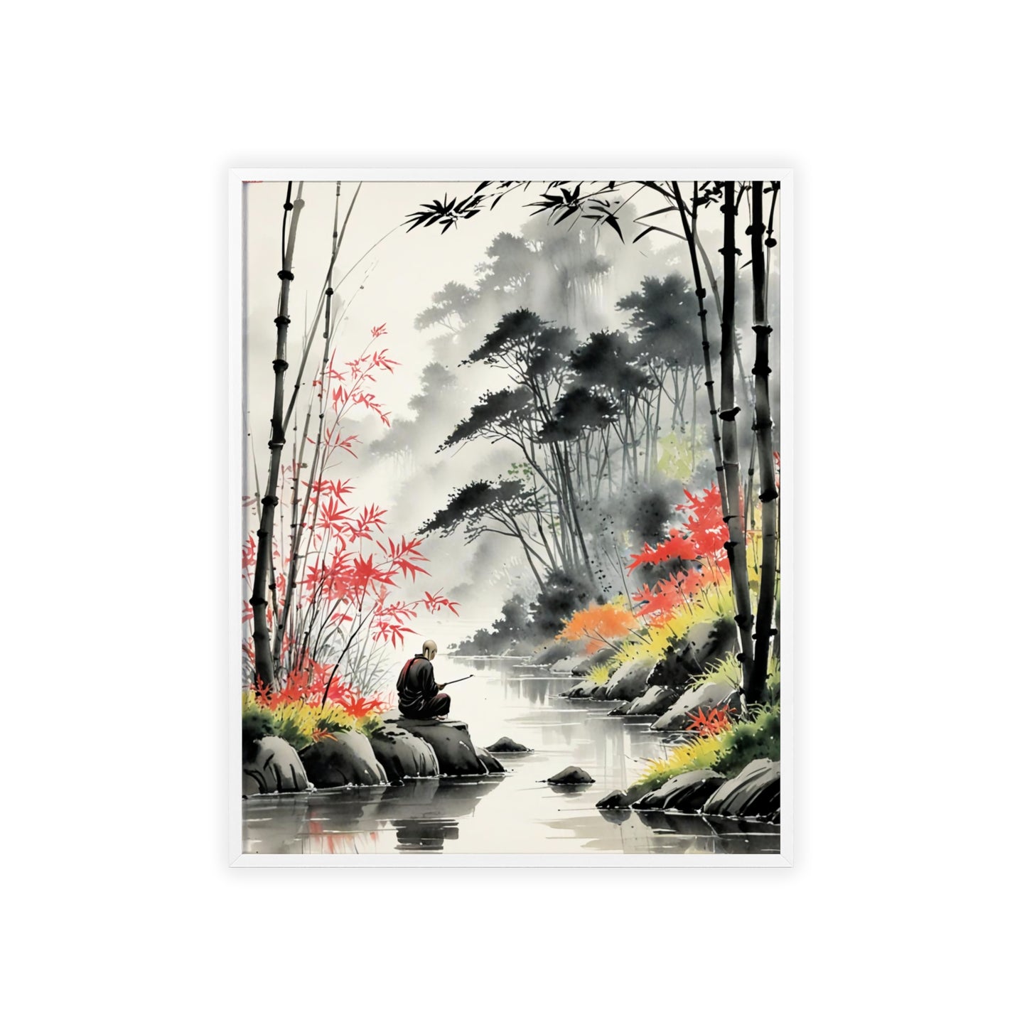 Sumi-e Art - Calm fishing spot • Traditional Japanese Art • Framed