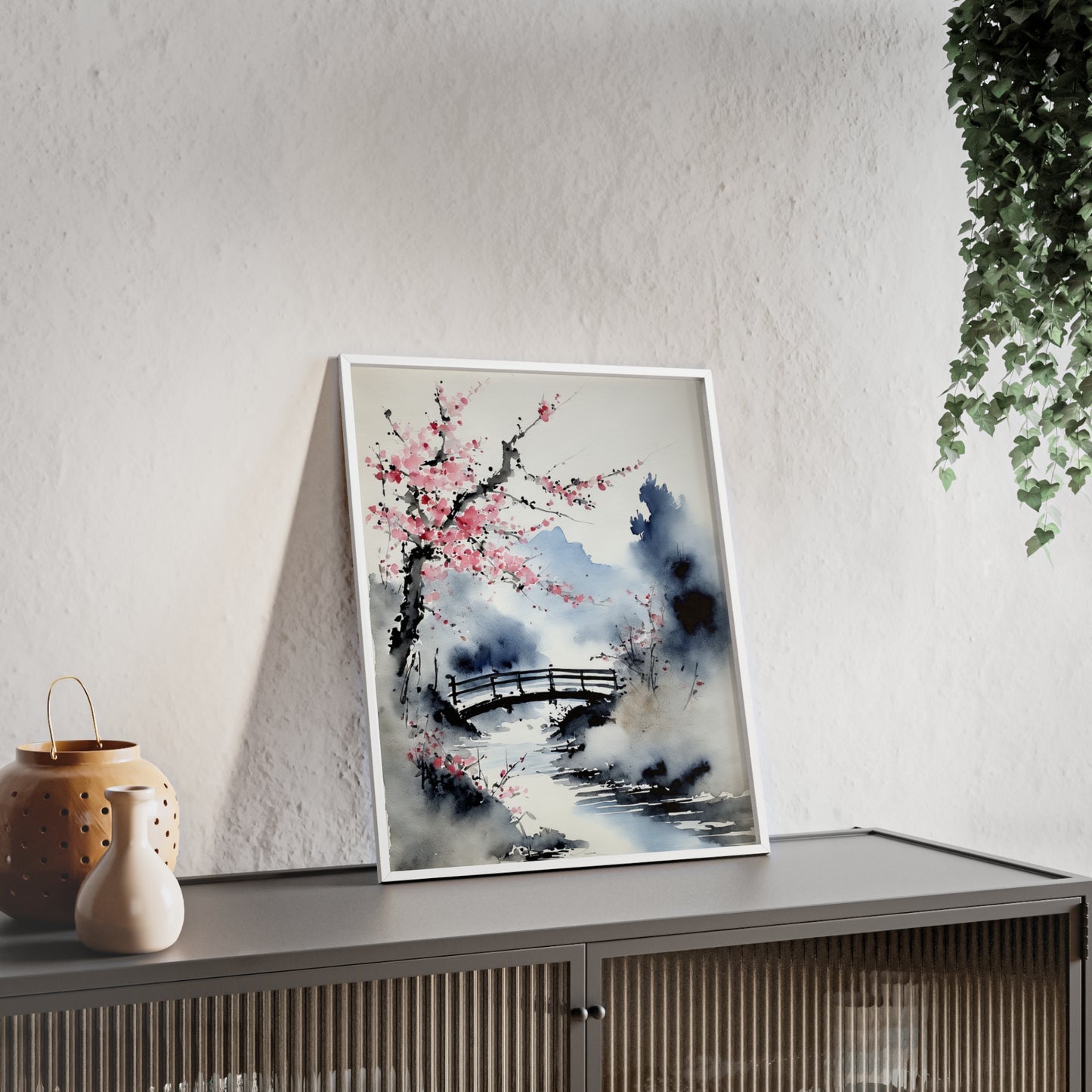 Sumi-e Art - The bridge • Traditional Japanese Art • Framed