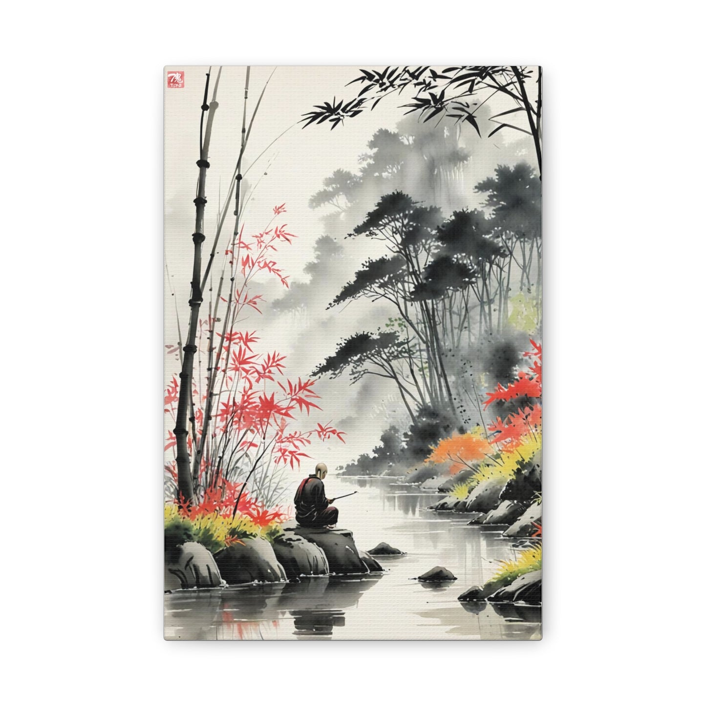 Sumi-e Art - Calm fishing spot • Traditional Japanese Art on high quality Canvas