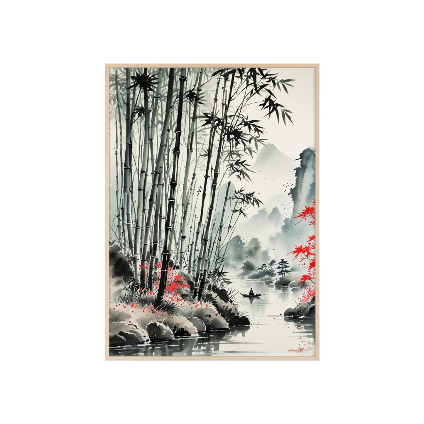 Sumi-e Art - Bamboo Pond • Traditional Japanese Art • Framed