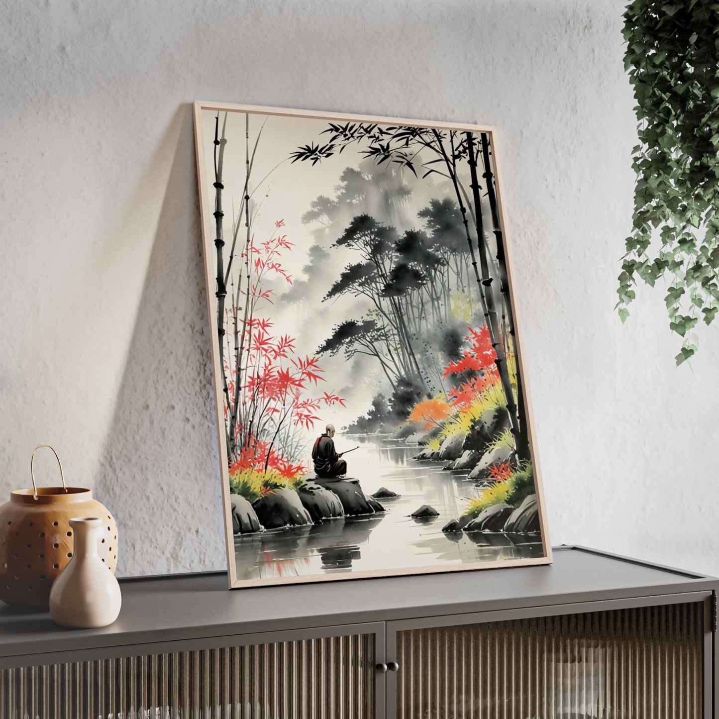 Sumi-e Art - Calm fishing spot • Traditional Japanese Art • Framed