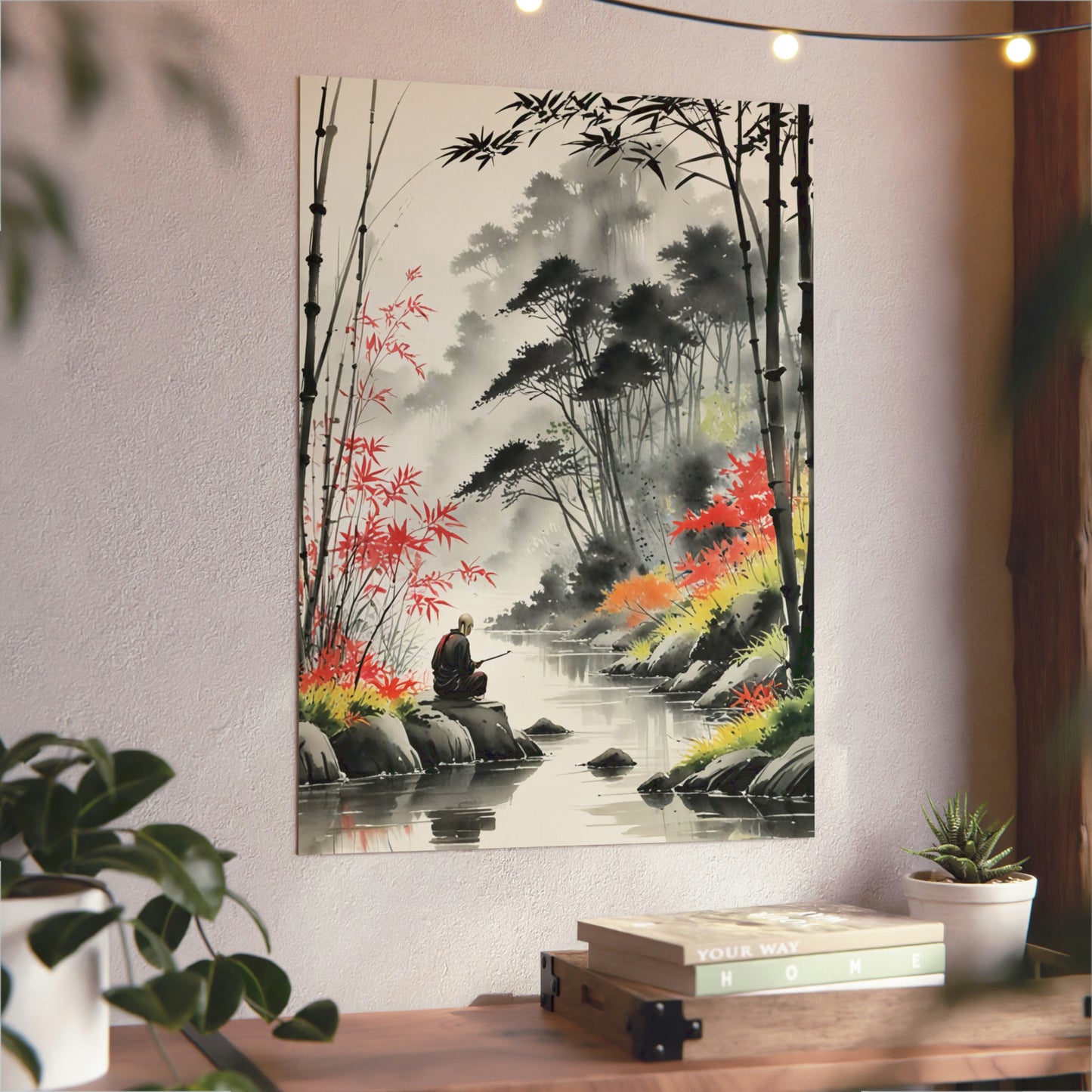 Sumi-e Art - Calm fishing spot 🇩🇪 GER Shipping - Traditional Japanese Art on Metal Poster