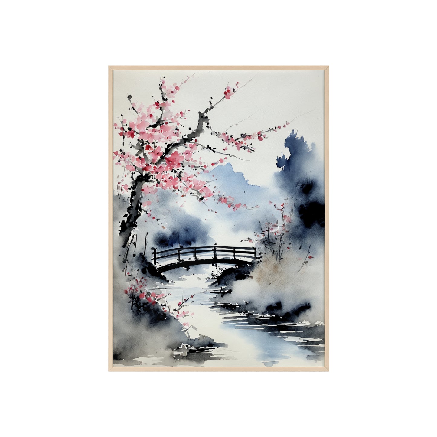 Sumi-e Art - The bridge • Traditional Japanese Art • Framed