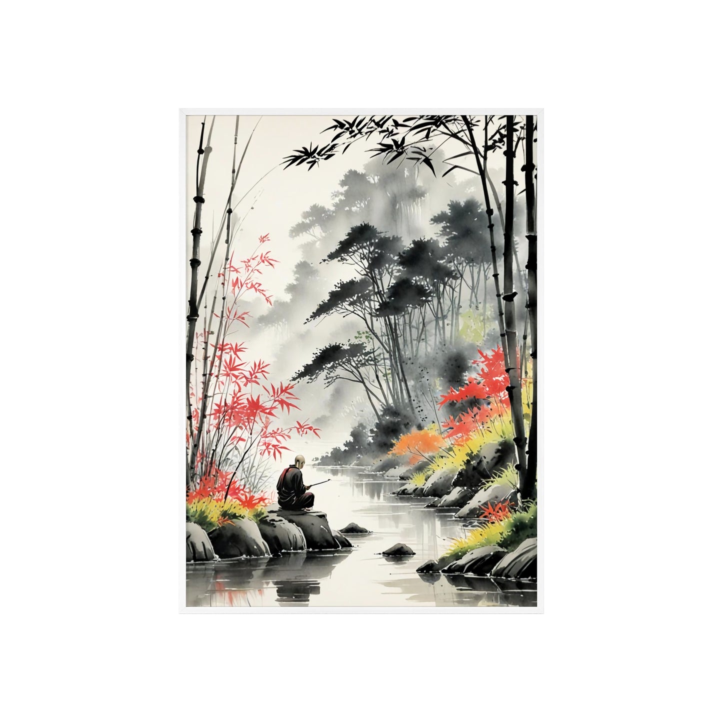 Sumi-e Art - Calm fishing spot • Traditional Japanese Art • Framed