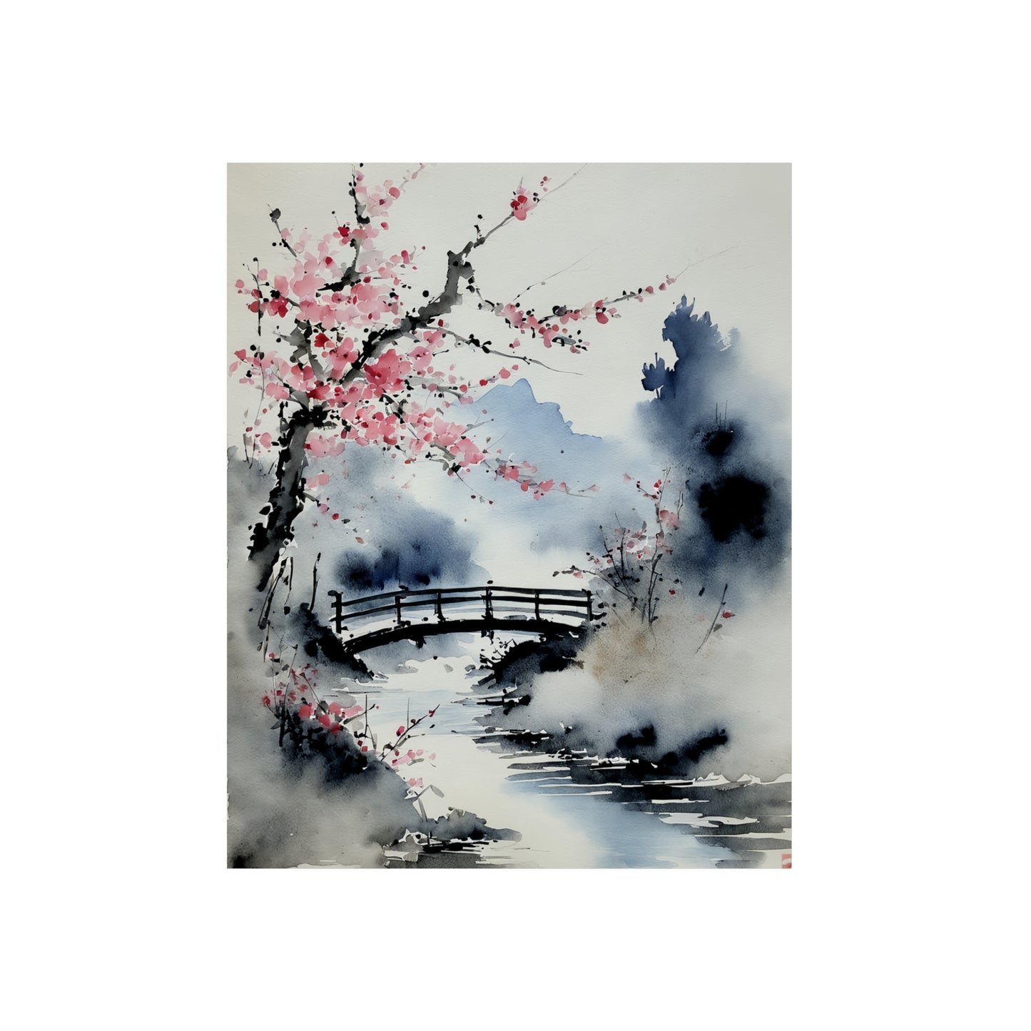 Sumi-e Art - The bridge 🇩🇪 GER Shipping - Traditional Japanese Art on Metal Poster