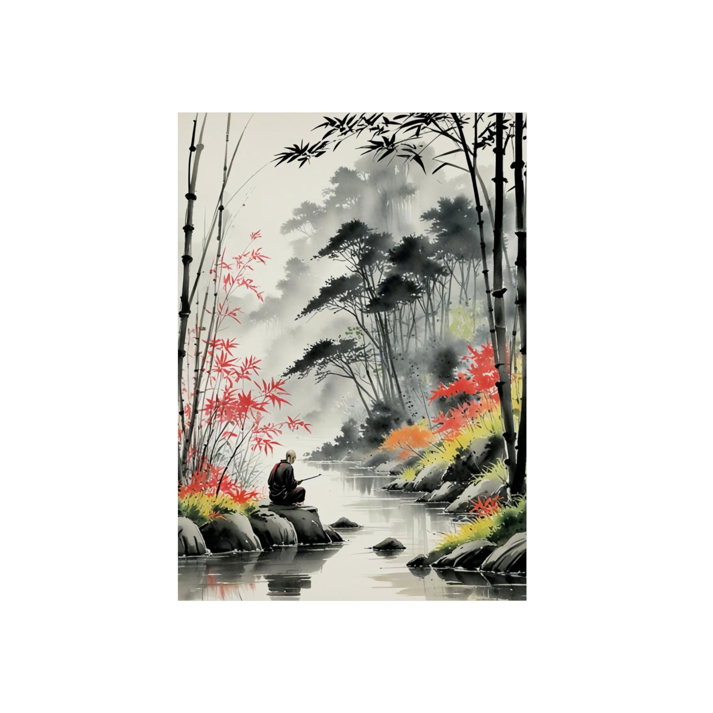 Sumi-e Art - Calm fishing spot 🇩🇪 GER Shipping - Traditional Japanese Art on Metal Poster