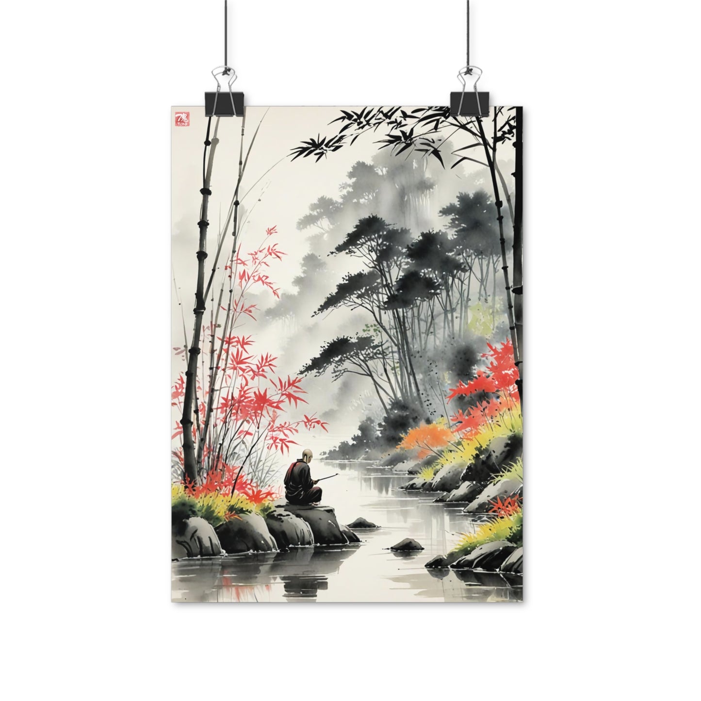 Sumi-e Art - Calm fishing spot • Traditional Japanese Art on high quality poster