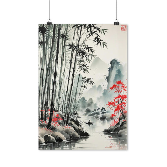 Sumi-e Art - Bamboo Pond • Traditional Japanese Art on high quality poster