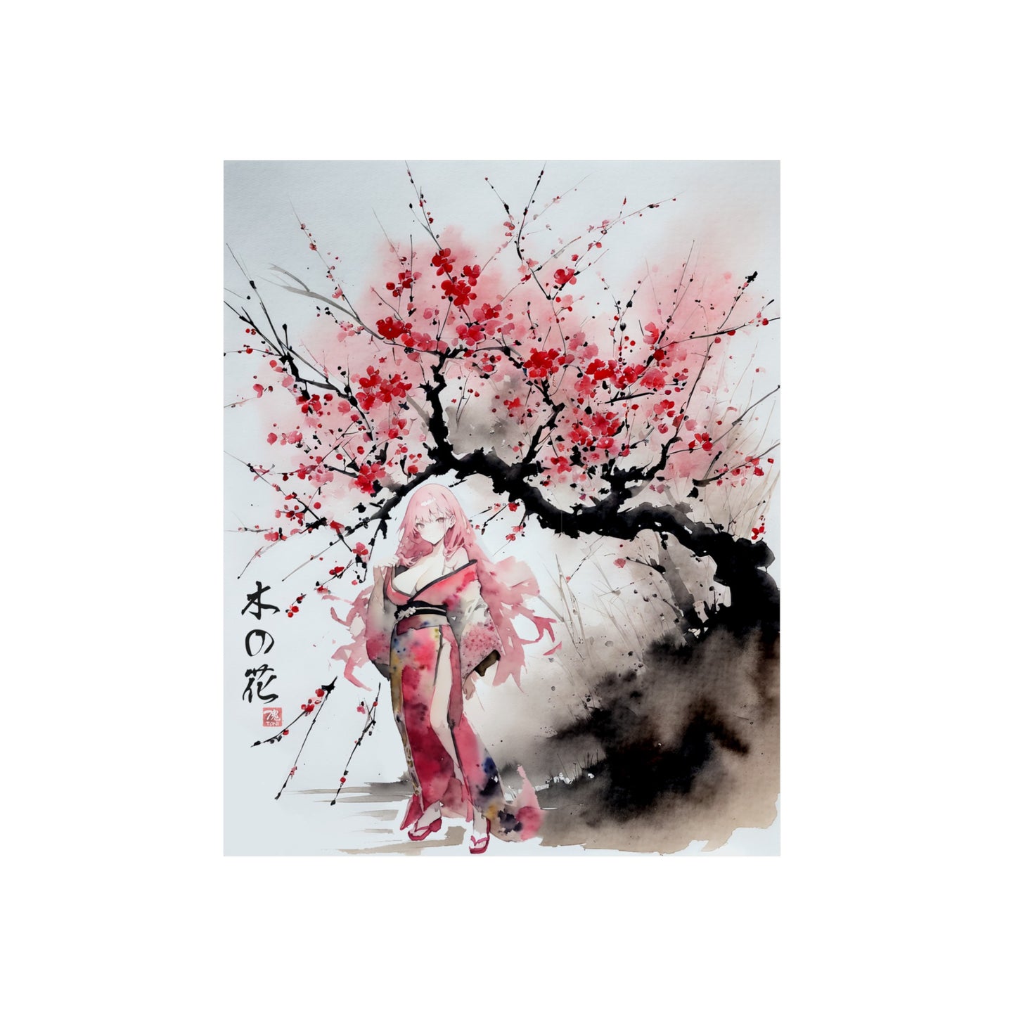 Sumi-Manga Art - Cherry Yokai 🇩🇪 GER Shipping - Traditional Japanese Art on Metal Poster