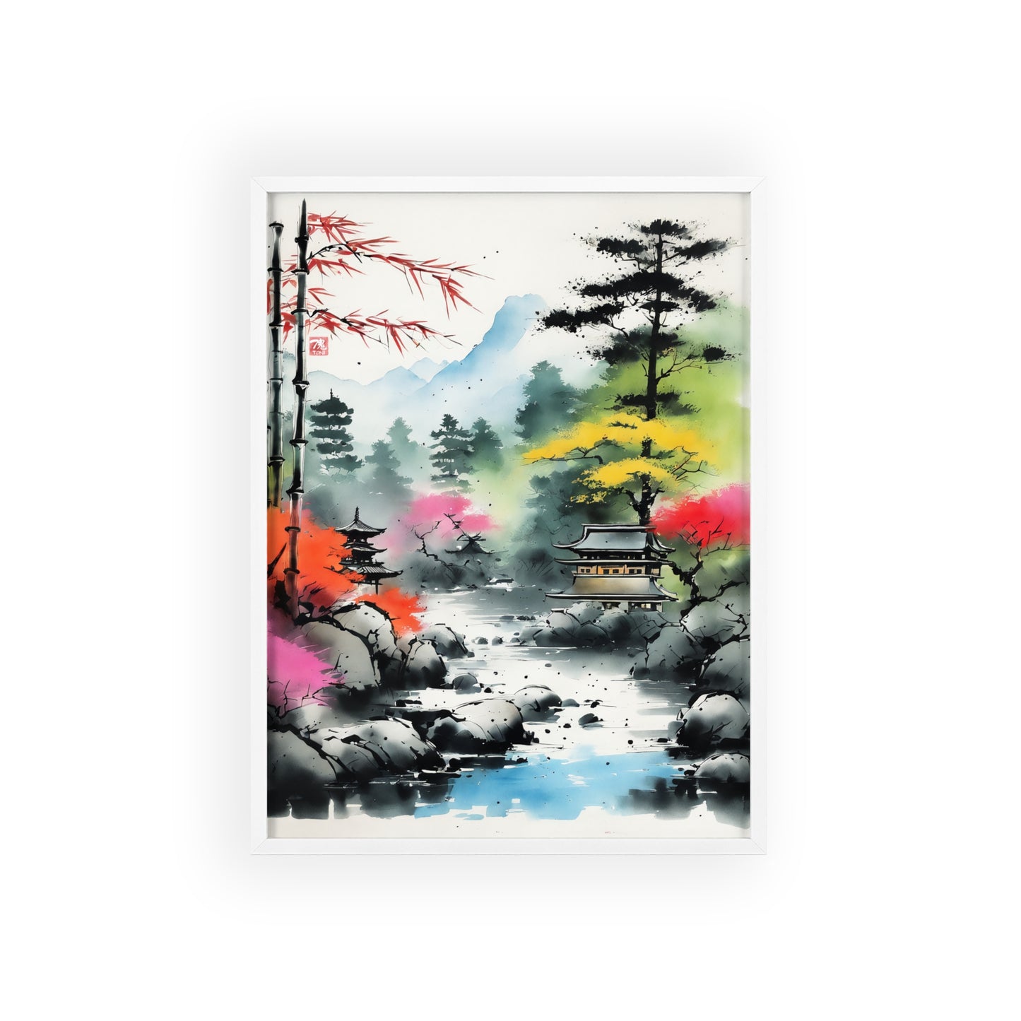 Sumi-e Art - Shambala Lake • Traditional Japanese Art • Framed