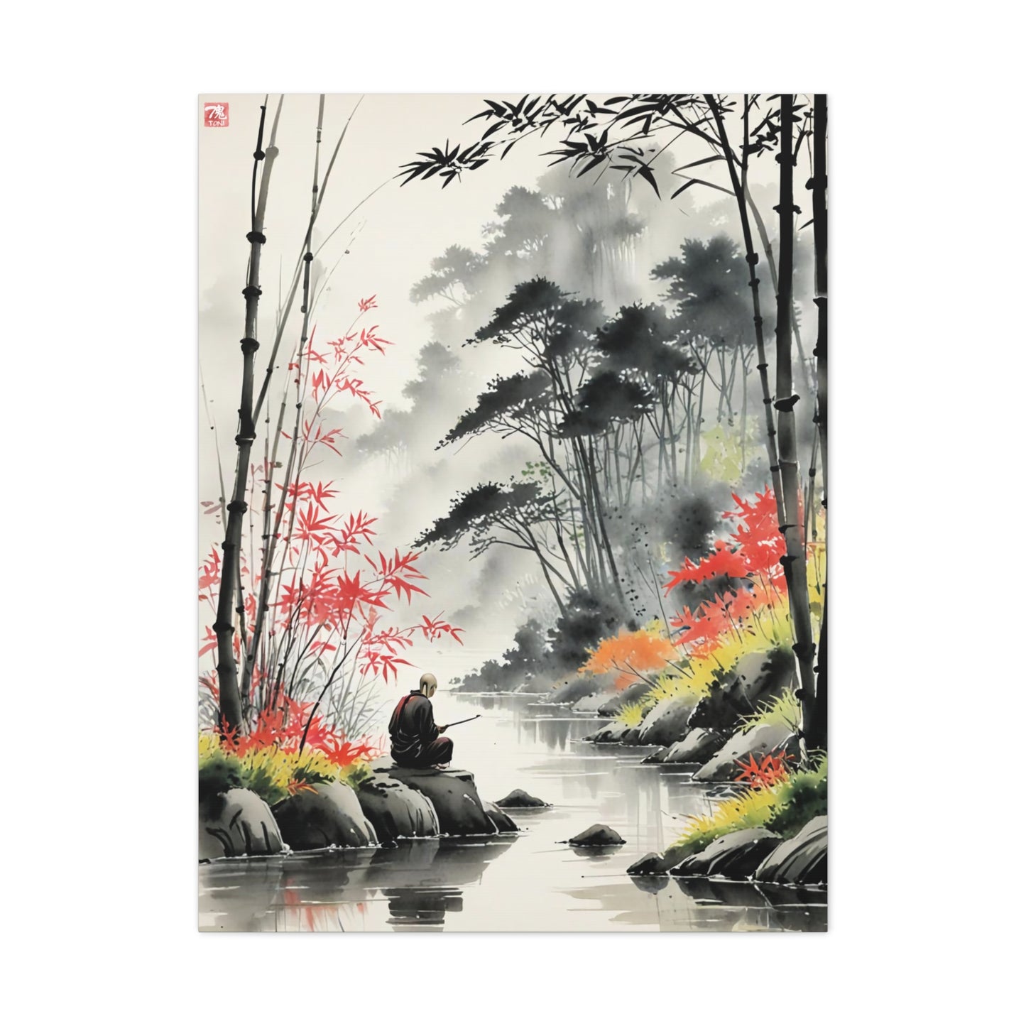 Sumi-e Art - Calm fishing spot • Traditional Japanese Art on high quality Canvas