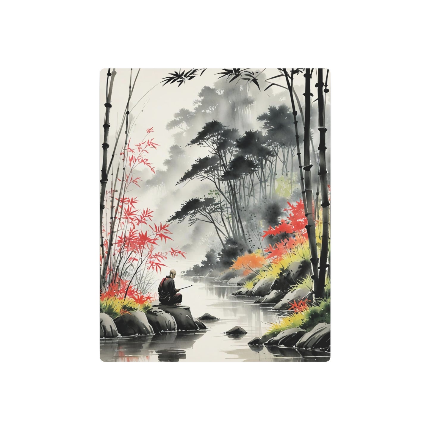 Sumi-e Art - Calm fishing spot 🇺🇸 US Shipping - Traditional Japanese Art on Metal Poster