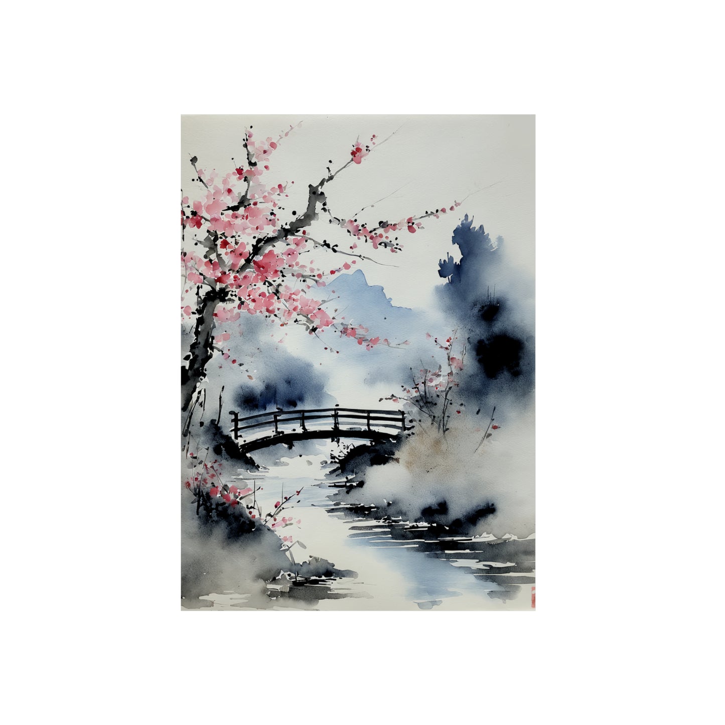 Sumi-e Art - The bridge 🇩🇪 GER Shipping - Traditional Japanese Art on Metal Poster